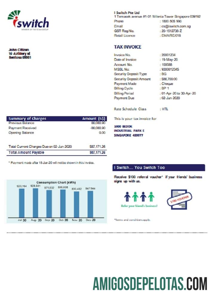 Em branco Cingapura eu troco modelo de conta de serviços públicos de eletricidade em formato Word e PDF